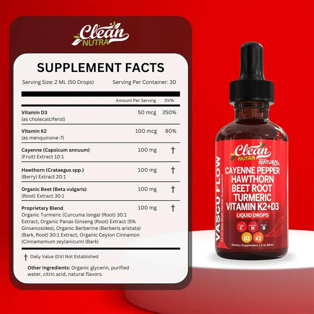 Clean Nutra - Vasco Flow™ GOTAS DE PIMIENTA DE CAYENA + BAYAS DE ESPINO, VITAMINA D3 K2 2X1