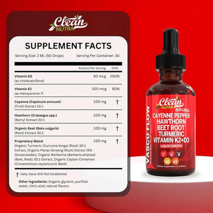 Clean Nutra - Vasco Flow™ GOTAS DE PIMIENTA DE CAYENA + BAYAS DE ESPINO, VITAMINA D3 K2 2X1